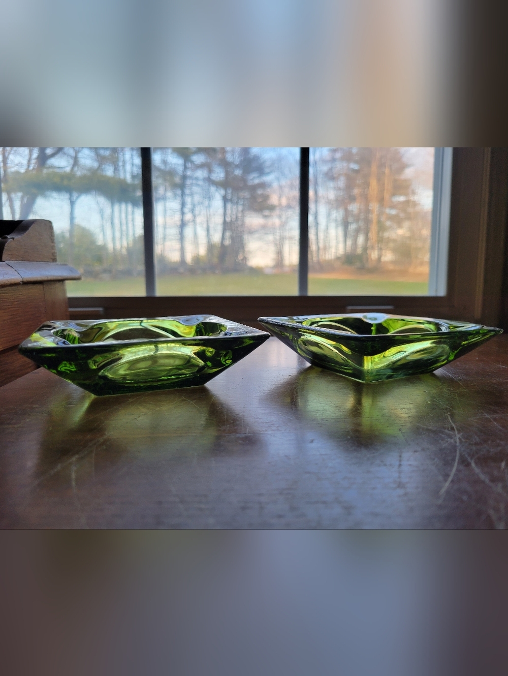 Ashtray Vintage Green Square MCM Pressed Glass 4.5"